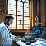 **A data scientist, resembling an alchemist, surrounded by glowing data streams and complex charts, working in a futuristic laboratory with Italian architecture visible through large windows.**