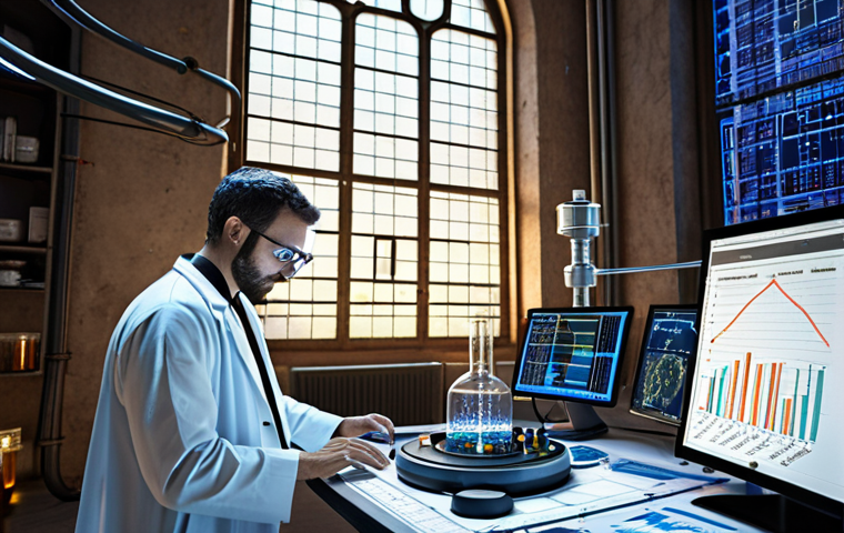 **A data scientist, resembling an alchemist, surrounded by glowing data streams and complex charts, working in a futuristic laboratory with Italian architecture visible through large windows.**