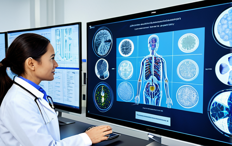 Medical Innovation**
A team of doctors and researchers collaborating in a modern hospital laboratory, analyzing medical data on a large screen. The scene showcases advanced technology and personalized medicine solutions. fully clothed, appropriate attire, safe for work, perfect anatomy, natural proportions, professional photography, high quality, family-friendly.
**