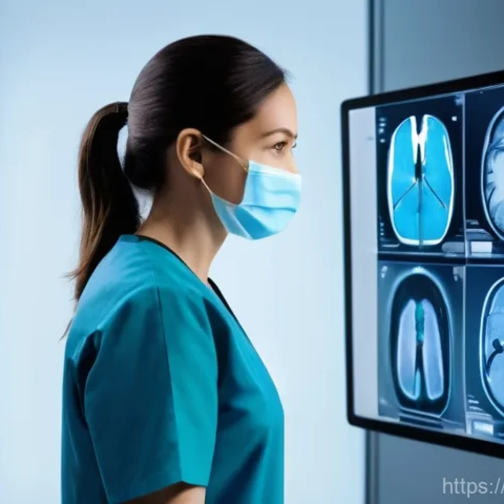 AI 기술과 의료 산업의 융합 사례 - **AI-Powered Diagnostic Imaging:**
"A clean, futuristic hospital radiology room. A female radiol...