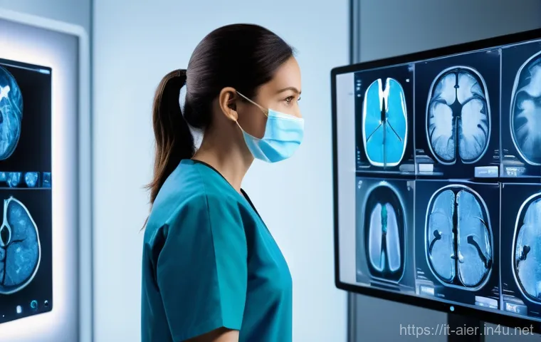 AI 기술과 의료 산업의 융합 사례 - **AI-Powered Diagnostic Imaging:**
"A clean, futuristic hospital radiology room. A female radiol...
