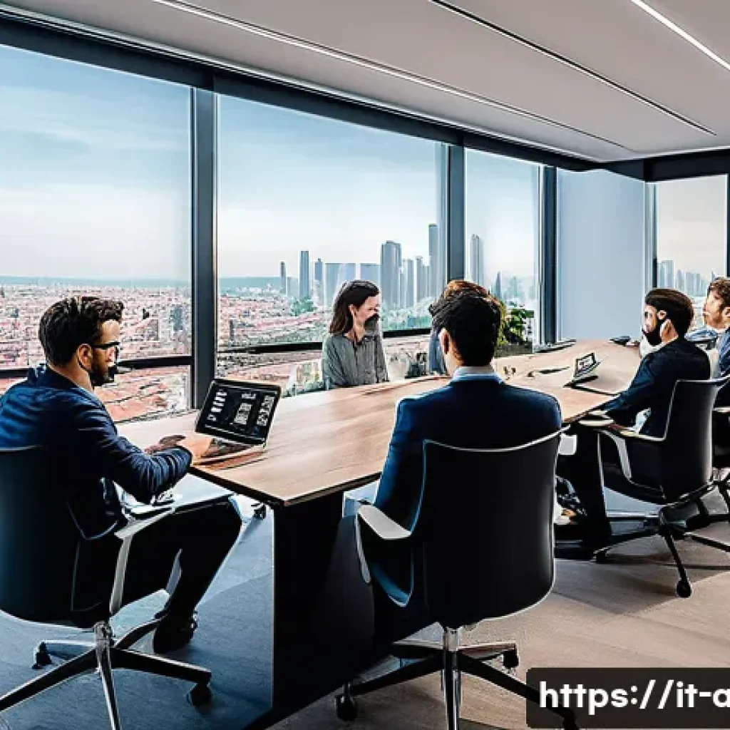 AI 전문가 연봉협상 전략 - A modern Italian tech office setting in Milan, showing a diverse group of AI specialists collaborati...