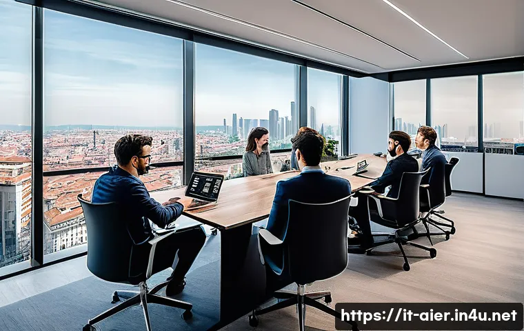 AI 전문가 연봉협상 전략 - A modern Italian tech office setting in Milan, showing a diverse group of AI specialists collaborati...