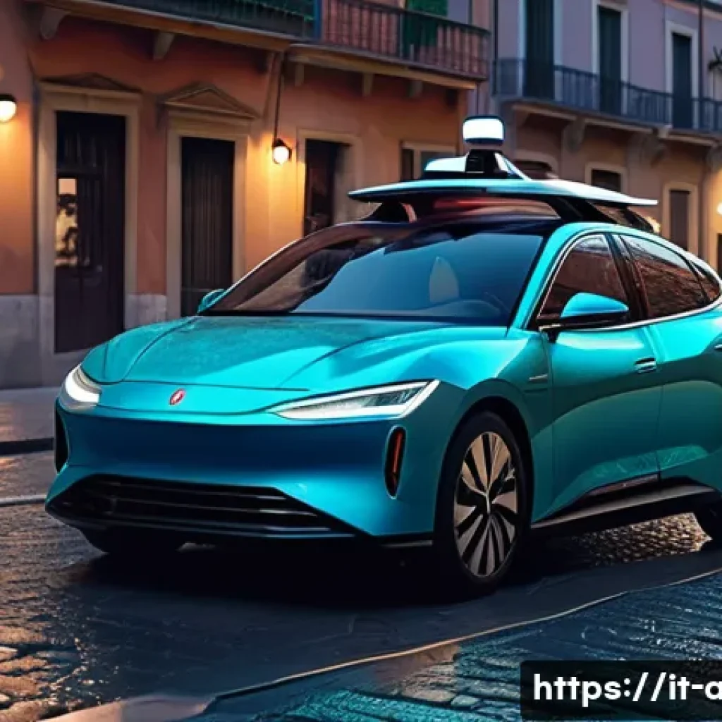 AI 기술을 활용한 자율주행차 사례 - A cutting-edge autonomous vehicle navigating a bustling Italian urban street at dusk, equipped with ...