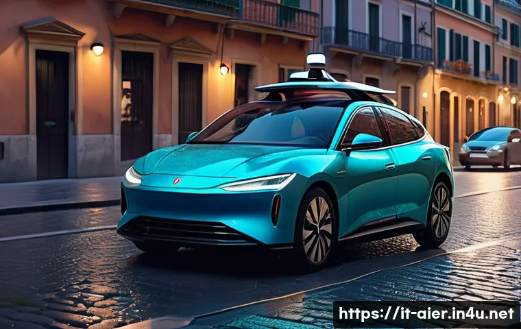 AI 기술을 활용한 자율주행차 사례 - A cutting-edge autonomous vehicle navigating a bustling Italian urban street at dusk, equipped with ...