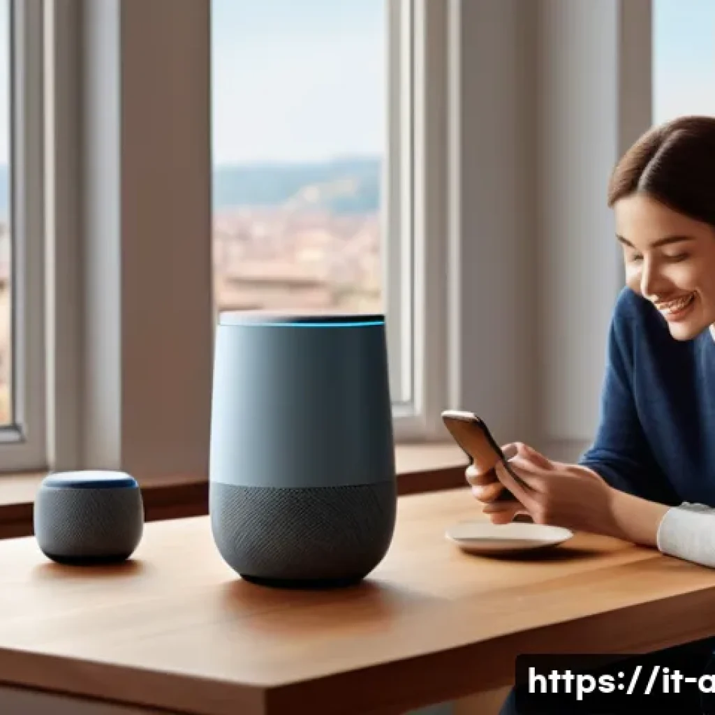 인공지능을 활용한 인간 컴퓨터 상호작용 사례 - A modern Italian living room scene showcasing a family interacting naturally with a voice assistant ...
