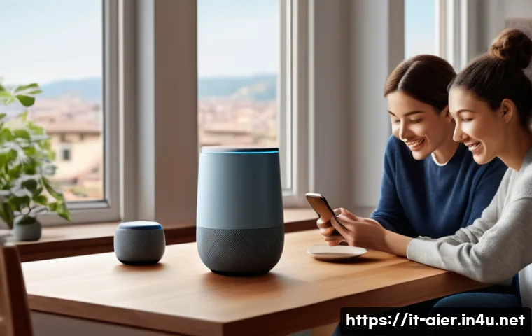 인공지능을 활용한 인간 컴퓨터 상호작용 사례 - A modern Italian living room scene showcasing a family interacting naturally with a voice assistant ...