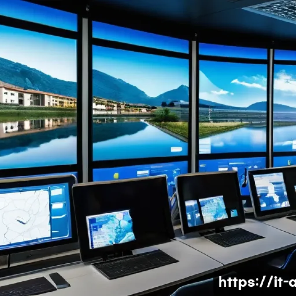 AI 기술과 환경 지속 가능성 - A high-tech water management control room in a modern Italian city, featuring large digital screens ...
