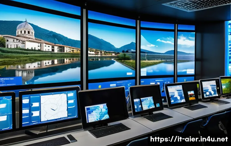 AI 기술과 환경 지속 가능성 - A high-tech water management control room in a modern Italian city, featuring large digital screens ...