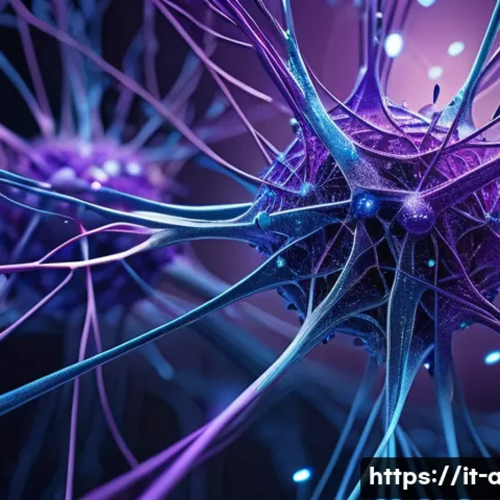 딥러닝 학습의 핵심 기술 - A futuristic neural network visualization representing artificial neurons and layered structures, gl...