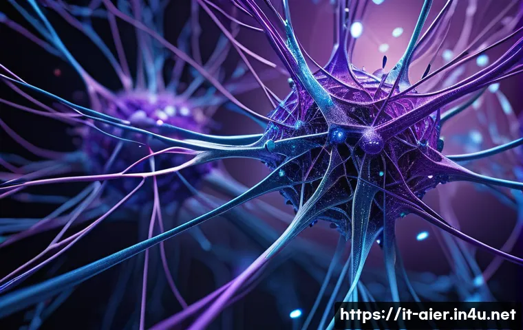 딥러닝 학습의 핵심 기술 - A futuristic neural network visualization representing artificial neurons and layered structures, gl...