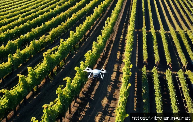 AI와 드론 기술의 융합 사례 - A modern Italian vineyard with rows of grapevines under bright sunlight, a sleek drone equipped with...