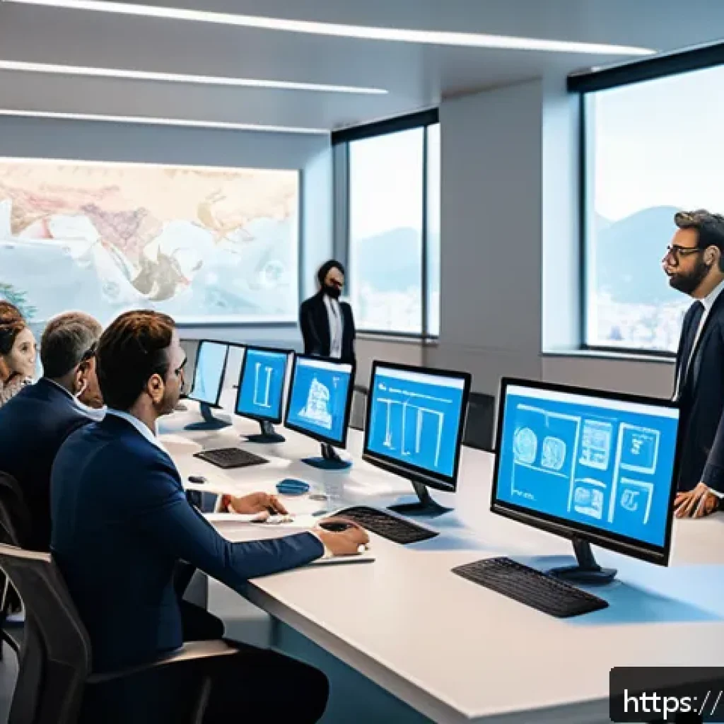 AI 관련 기술 특허 등록 절차 - A modern Italian patent office interior scene showing professionals collaborating: a diverse group o...