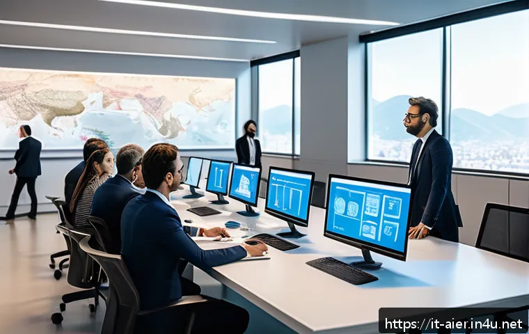 AI 관련 기술 특허 등록 절차 - A modern Italian patent office interior scene showing professionals collaborating: a diverse group o...