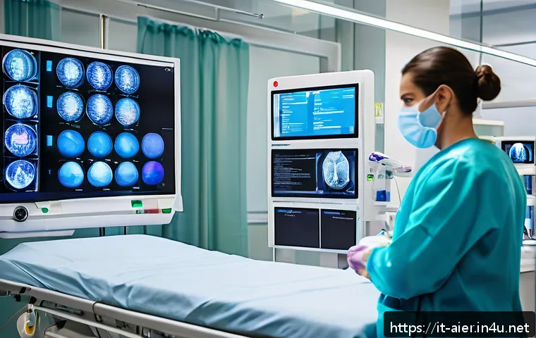 AI 전문가의 실시간 문제 해결 사례 - A modern Italian hospital emergency room equipped with advanced AI technology: multiple transparent ...